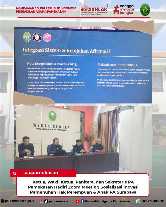 Jajaran Pimpinan PA Pamekasan Hadiri Zoom Meeting Sosialisasi Inovasi Pemenuhan Hak Perempuan dan Anak PA Surabaya